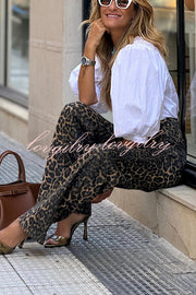 Wild Feel Denim Leopard Print High Rise Wide Leg Pocketed Jeans