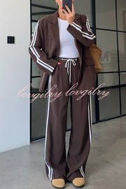 Levvie Striped Trim Long Sleeve Lapel Blazer and Rope Belt Pocketed Wide Leg Pants Set