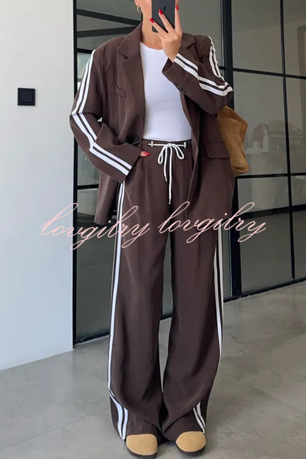 Levvie Striped Trim Long Sleeve Lapel Blazer and Rope Belt Pocketed Wide Leg Pants Set