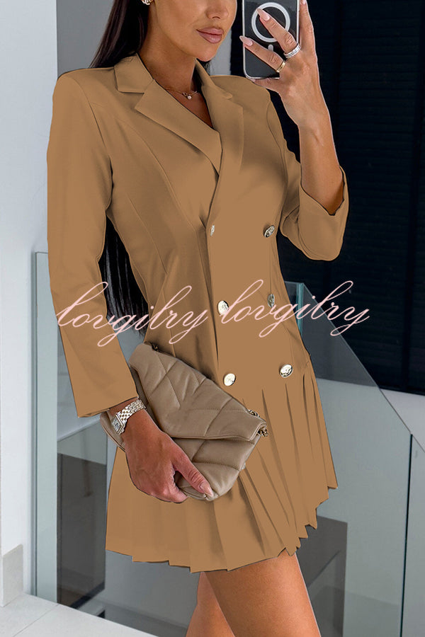 Kayleen Metal Button Down Solid Color Long Sleeve Pleated Blazer Mini Dress