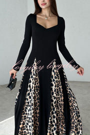 Marino Panelled Leopard Tulle Square Neck Long Sleeve A-line Maxi Dress