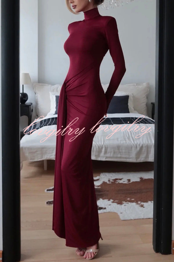 Luxe Silhouette High Neck Shoulder Pads Drape Stretch Maxi Dress