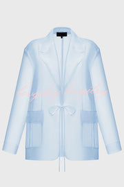 Simple and Light See-through Fabric Tie-up Long Sleeve Pocket Lapel Blazer