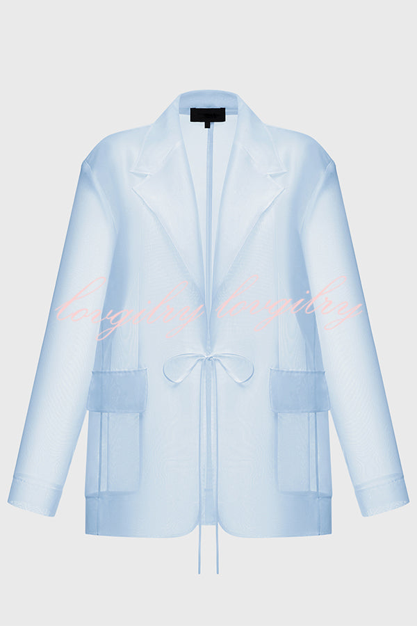 Simple and Light See-through Fabric Tie-up Long Sleeve Pocket Lapel Blazer
