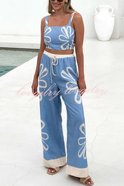 Floral Print Suspender Back Pleated Top and Elastic Waist Drawstring Pants Set