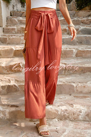 Rustic Patchwork Lace Up Pleated Wide Leg Pants