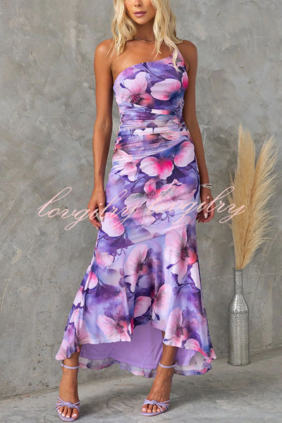 Deja Mesh Overlay Floral Print One Shoulder Ruched Stretch Maxi Dress