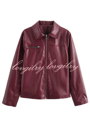 Fashion Lapel Long Sleeve Pocket Zipper Leather Jacket