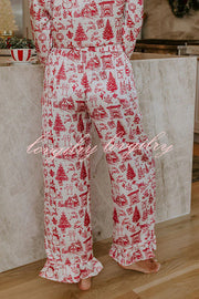 Christmas Night Satin Loose Shirt and Elastic Waist Pocketed Pajama Set