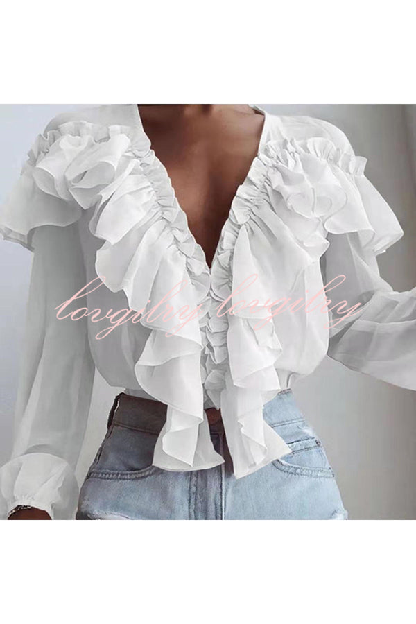 Spliced ruffled V Neck Pleated Long Sleeved Top