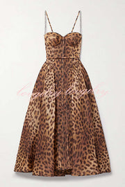 Unleash Your Wild Leopard Rhinestone Trim Back Smocked Midi Dress