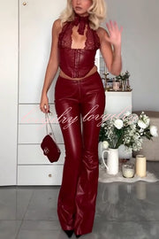 Style Challenge Stretch Faux Leather Lace Halter Tank and Zipper Waist Flare Pants Set