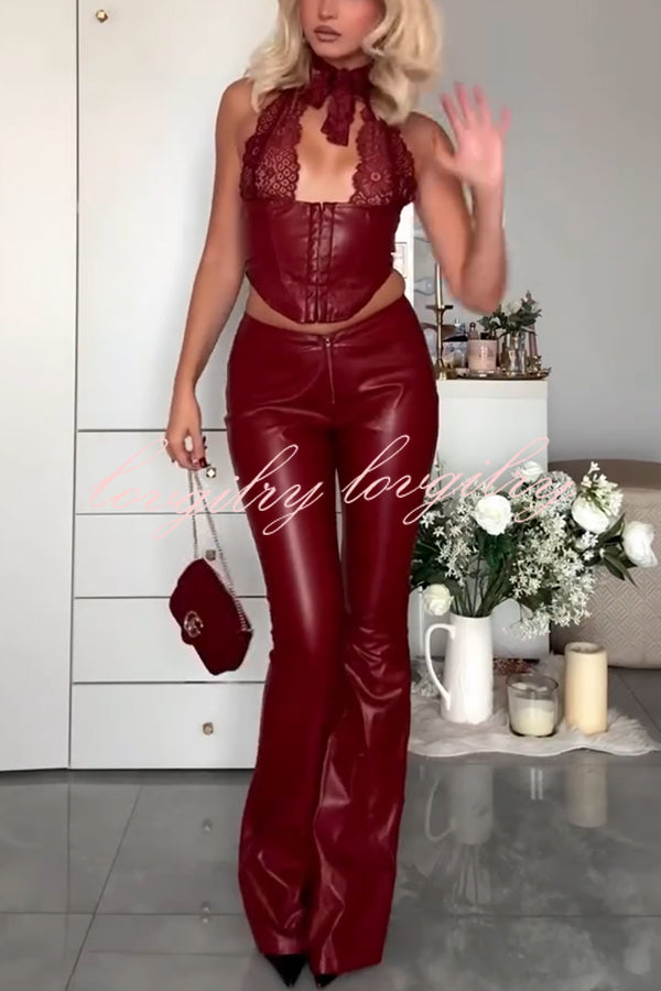 Style Challenge Stretch Faux Leather Lace Halter Tank and Zipper Waist Flare Pants Set