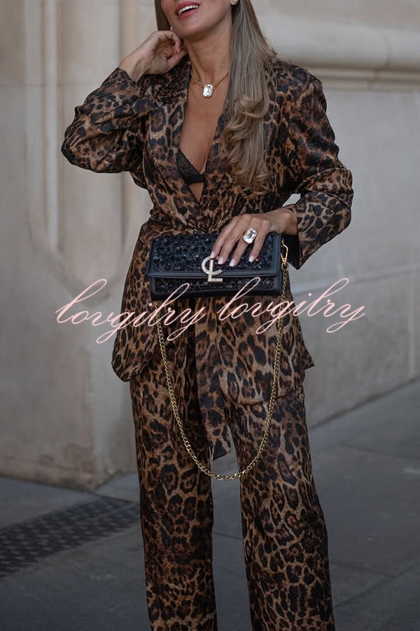 Chic View Leopard Print Tie-up Waist Lapel Blazer and Elastic Waist Loose Pants Set