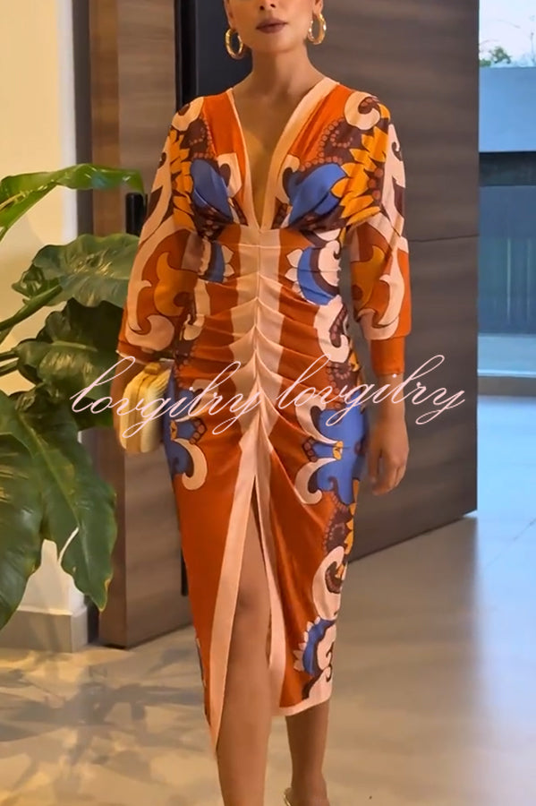 Bahamas Unique Print Dolman Long Sleeve Ruched Slit Midi Dress