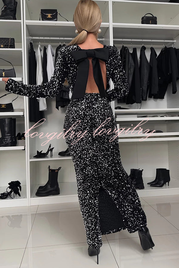 My Space Velvet Sequin Long Sleeve Open Back Bow Detail Stretch Maxi Dress