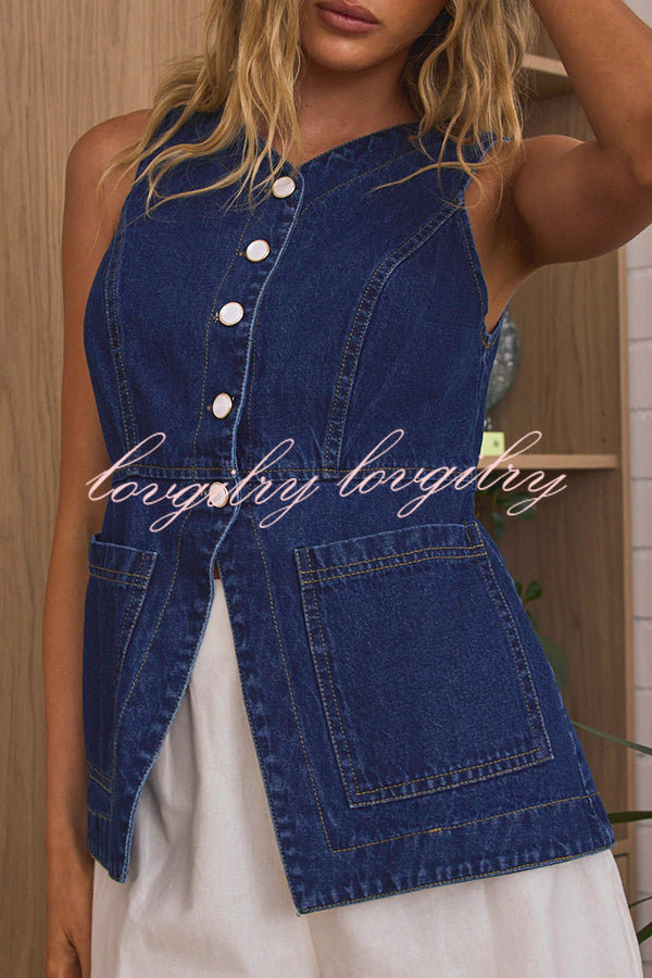 Fashionable Casual Slim Fit Button Pocket Denim Vest
