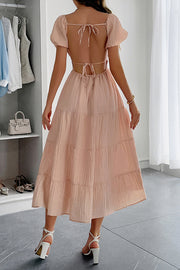 Solid Color V-neck Puff Sleeve Casual Holiday Style Midi Dress