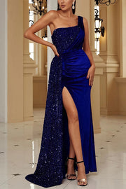 Taylor Sequin Velvet Patchwork One Shoulder Ruched Slit Prom Maxi Dress