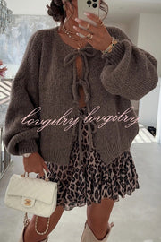 Solid Color Long-sleeved V-neck Lace-up Loose Knitted Sweater