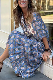 Bohemian Unique Print Puff Sleeve Lace-up Loose Holiday Maxi Dress