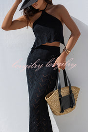 Solid Knit Hollow Halter Top and Stretch Fit Maxi Skirt Set