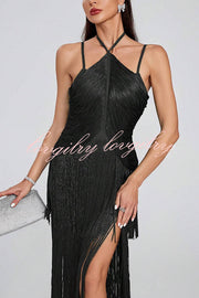 Sexy Halterneck Open Back Elegant Tassel Slim Maxi Dress