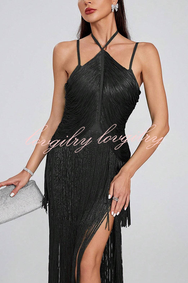 Sexy Halterneck Open Back Elegant Tassel Slim Maxi Dress