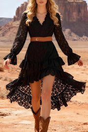 Fashionable Lace V-neck Long-sleeved Irregular Ruffle Midi Dress