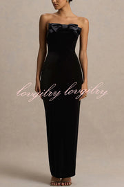 Illusion Velvet Bandeau neck Bow detail Stretch Maxi Dress