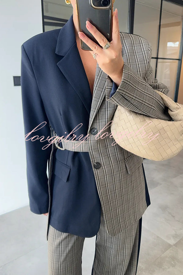 Nayla Plaid Contrast Color Belted Long Sleeve Lapel Blazer and Pocketed Wide Leg Pants Set