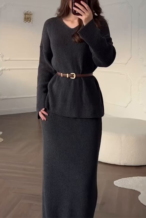 Solid Color Long-sleeved V-neck Casual Knitted Sweater and Elegant Maxi Skirt Set