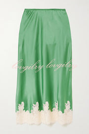 Celebration Look Contrast Color Satin Lace Trim Elastic Waist Drape Midi Skirt