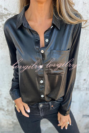 Holiday Look Solid Metallic Loose Pocket Button-down Blouse