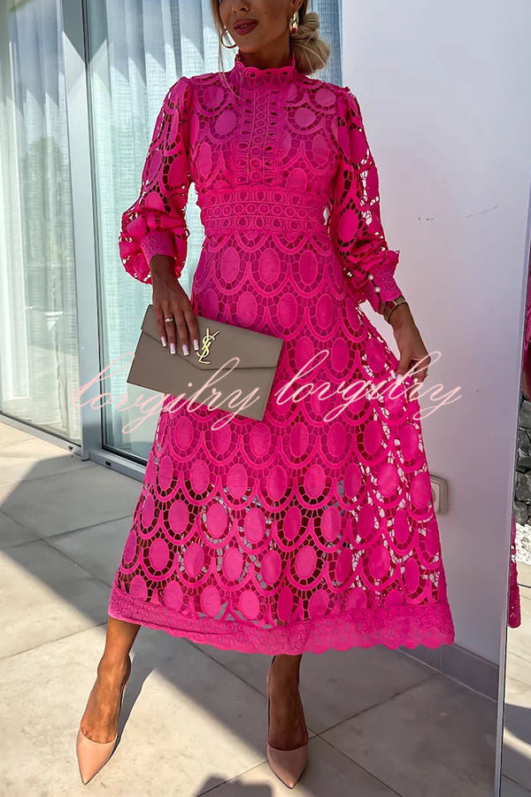 Romantic, Sensual and Elegant Crochet Lace Lantern Sleeve Party Midi Dress