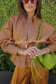 Pop of Brown Faux Leather Double Zipper Detail Balloon Sleeve Lapel Jacket