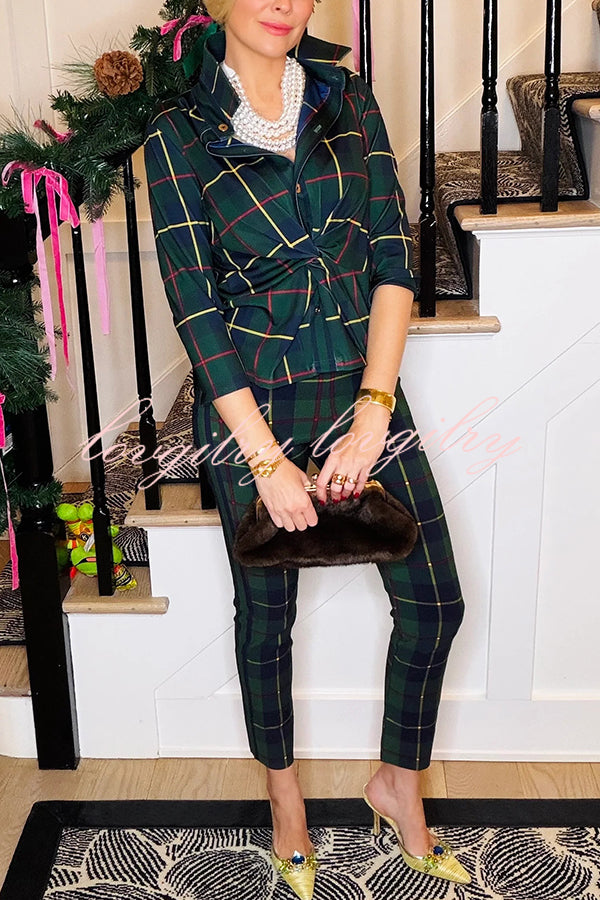 Embrace The Festival Plaid Twist Half Sleeve Shirt and Elastic Waist Pencil Pants Set