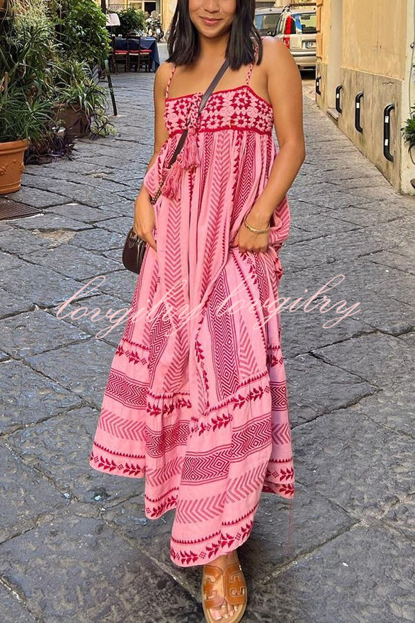 Unique Printed Patchwork Fringed Lace-up Maxi Dress