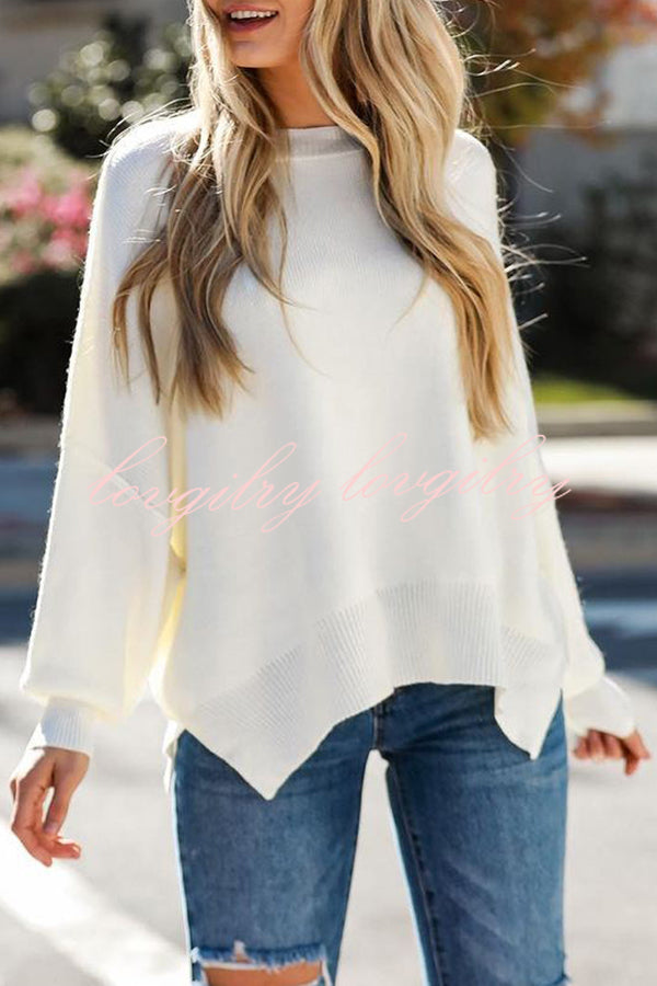 Distressed Knit Side Slit Long Sleeve Pullover Sweater