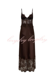 Elegant Evening Satin Lace Patchwork See-through Waist Slip Maxi Dress