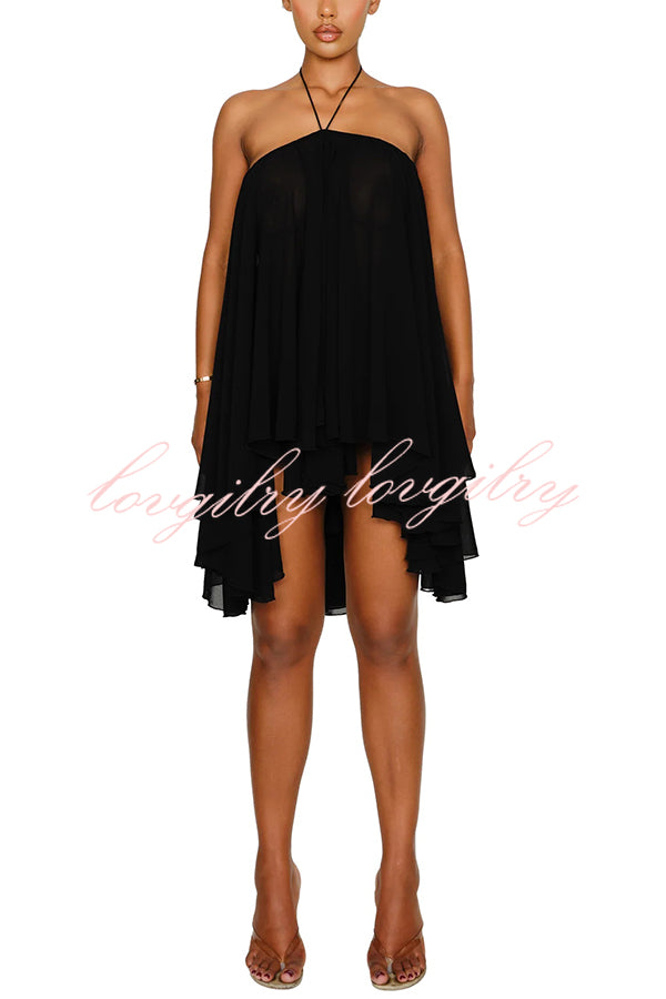 Chiffon Solid Color Halter Backless Irregular Mini Dress