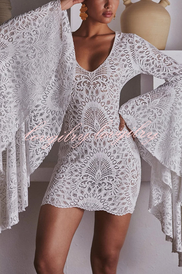 Coachella Time Unique Lace Pattern Oversized Bell Sleeve Stretch Mini Dress