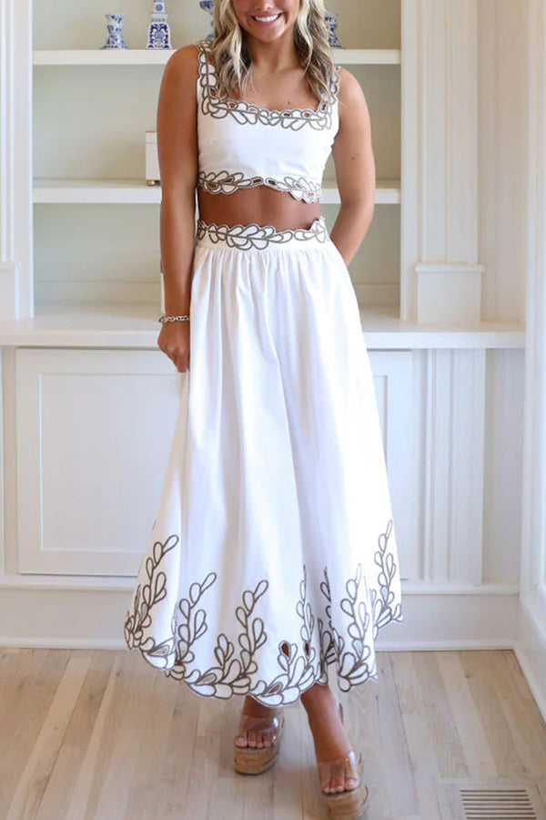 Perfect Vacation Embroidered Trim Crop Tank and Elastic Waist A-line Maxi Skirt Set