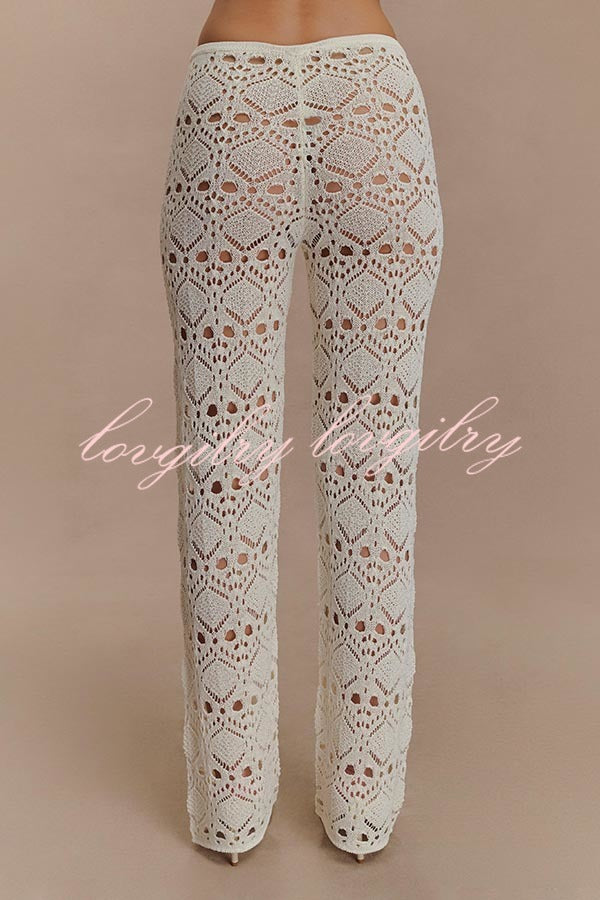 Trena Crochet Knit Hollow Mid Rise Stretch Wide Leg Pants
