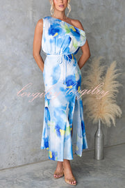 Satin Unique Print One Shoulder Tie Waist Slit Maxi Dress