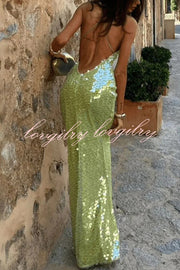 Fashionable Sequined Sexy Open Back Slim Maxi Dress