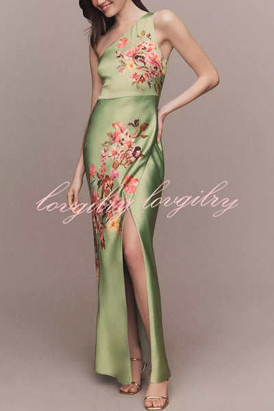 Wedding  Guest Satin Floral Print One Shoulder Side Slit Maxi Dress