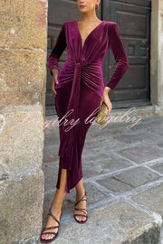 Elisabeth Luxurious Velvet Padded Shoulders Long Sleeve Twist Waist Drape Midi Dress
