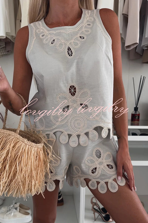 Angie Embroidery Cut-out Sleeveless Top and Elastic Waist Loose Shorts Set