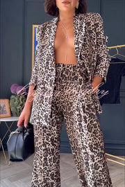 Wild Lifestyle Leopard Print Lapel Blazer and Elastic Waist Pocketed Wide Leg Pants Set